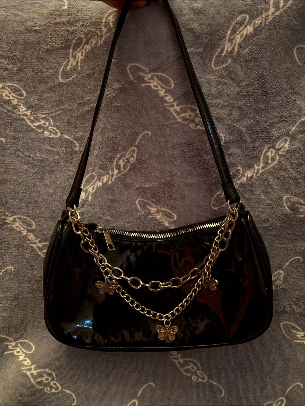 Black Shoulder Bag, Chain and Butterfly Charms